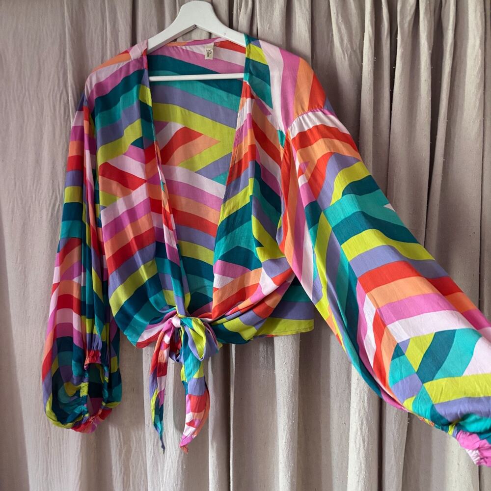 Elam Rainbow Chevron Wrap Cover Up Top Medium Rayon Balloon Sleeve Summer